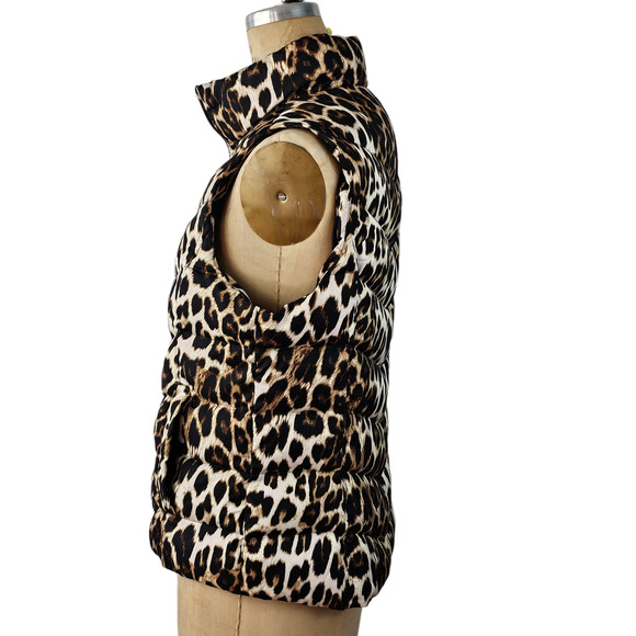 Lands End brown black cream leopard print zip front down puffer vest Small - Picture 5 of 6